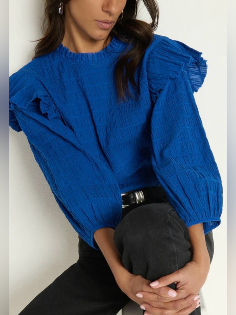 ‼️FIRM PRICE NATION LTD NWT aria ruffle cotton romantic blouse sapphire blue M
